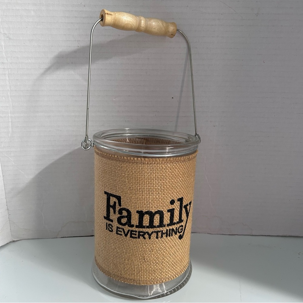 Manor Lane "Family" Large Burlap Wrapped Glass Lantern